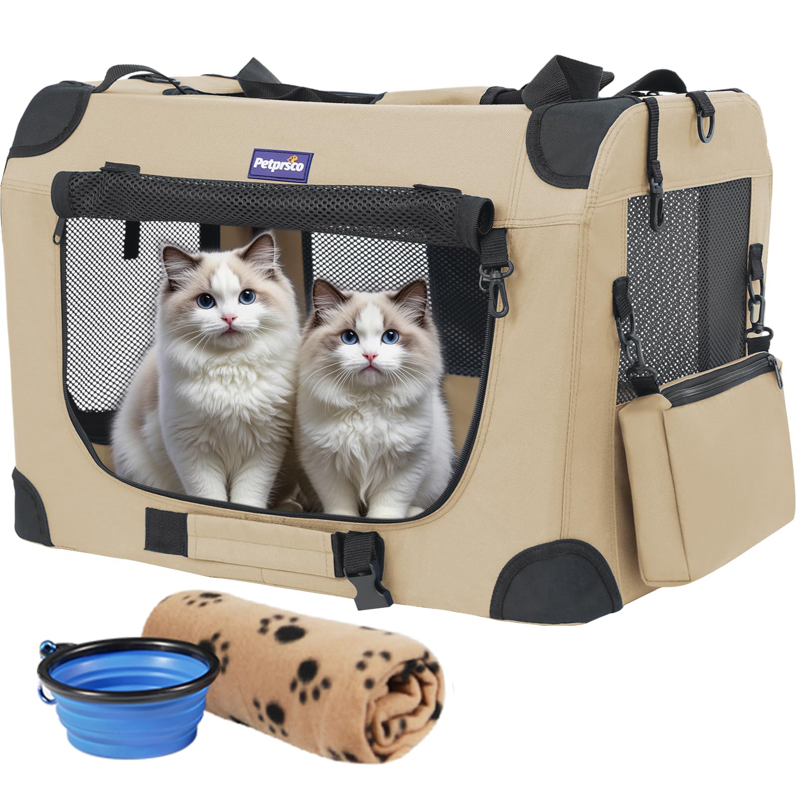 Petprsco犬用キャリーバッグペットキャリー ソフトクレート中小型犬大型猫4面メッシュ 折りたたみ ペットケージ60x42x42cm省スペース頑丈耐久 変形しない 車用 病院 キャンプに 室内外兼