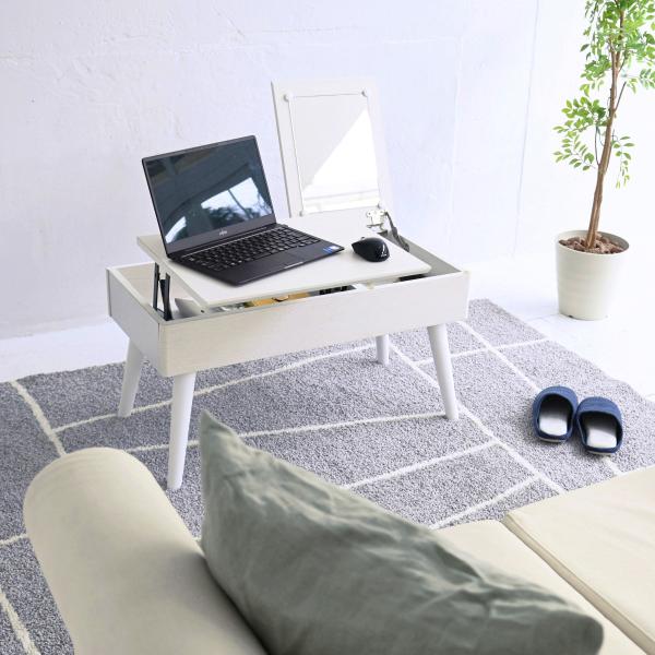 リフティングテーブル ドレッサーデスク 昇降式テーブル 幅80cm センターテーブル ロータイプ リフトアップ リビング 白 ホワイト 机 鏡 ミラー 天板下 収納