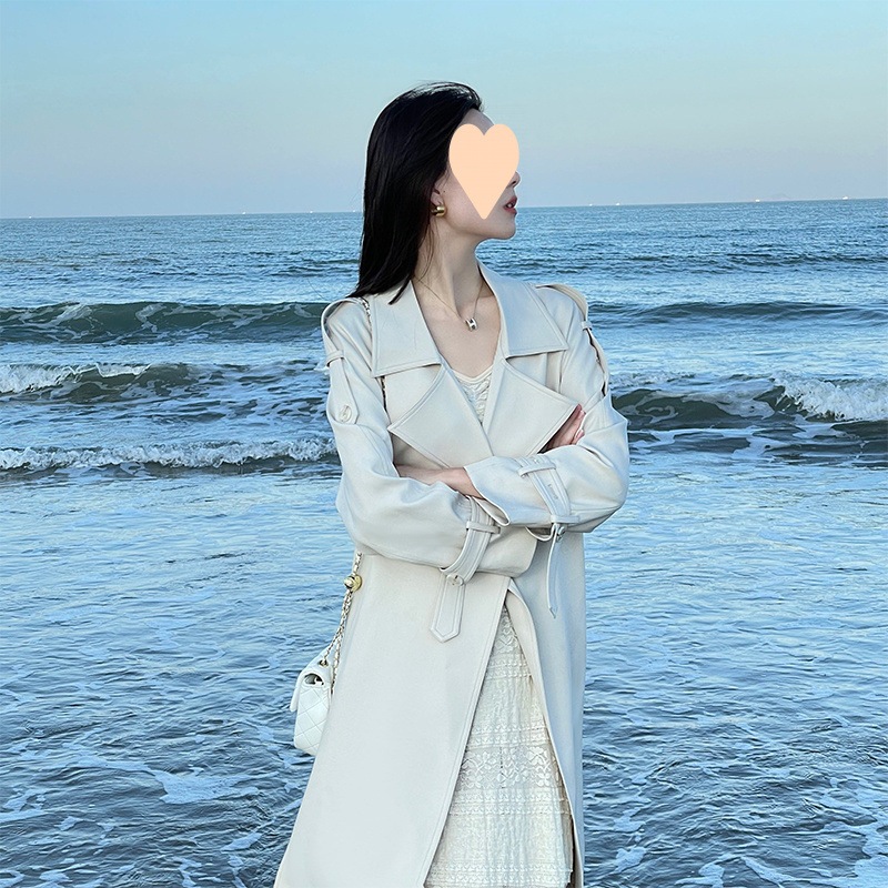 春と秋の新作ミドル丈膝上フレンチヘップバーンの女性用ウインドブレーカー小柄な方向けのスタイリッシュな韓国風カジュアルコート