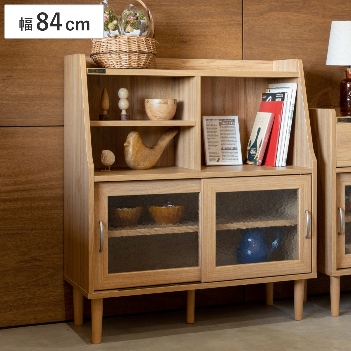 ミニシェルフ 幅84cm すりガラス扉 ジェロディ joredy ラック 棚 シェルフ 飾り棚 可動棚 お掃除ロボット対応 モザイクガラス レトロ 家具 コンパクト ディスプレイ ナチュラル