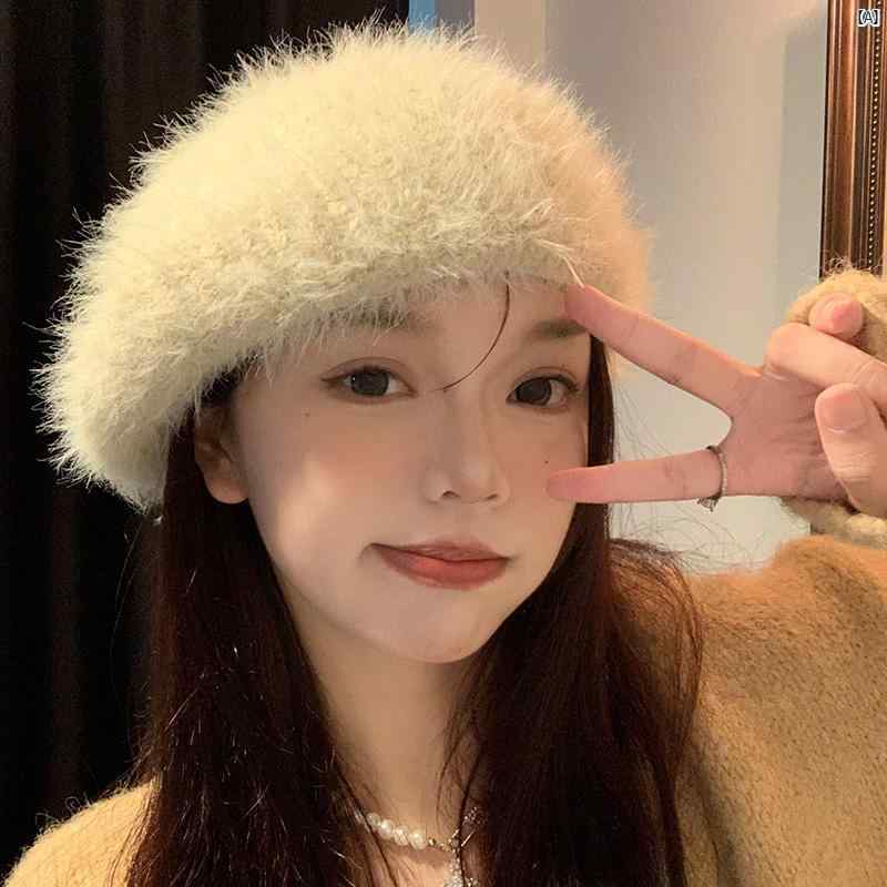 レディースファッション　ファッション小物　オシャレ ベレー 帽 秋冬 韓国 顔 見せ 小柄 毛皮 ニット 芽 画家帽子 和風 大きい頭 帽子