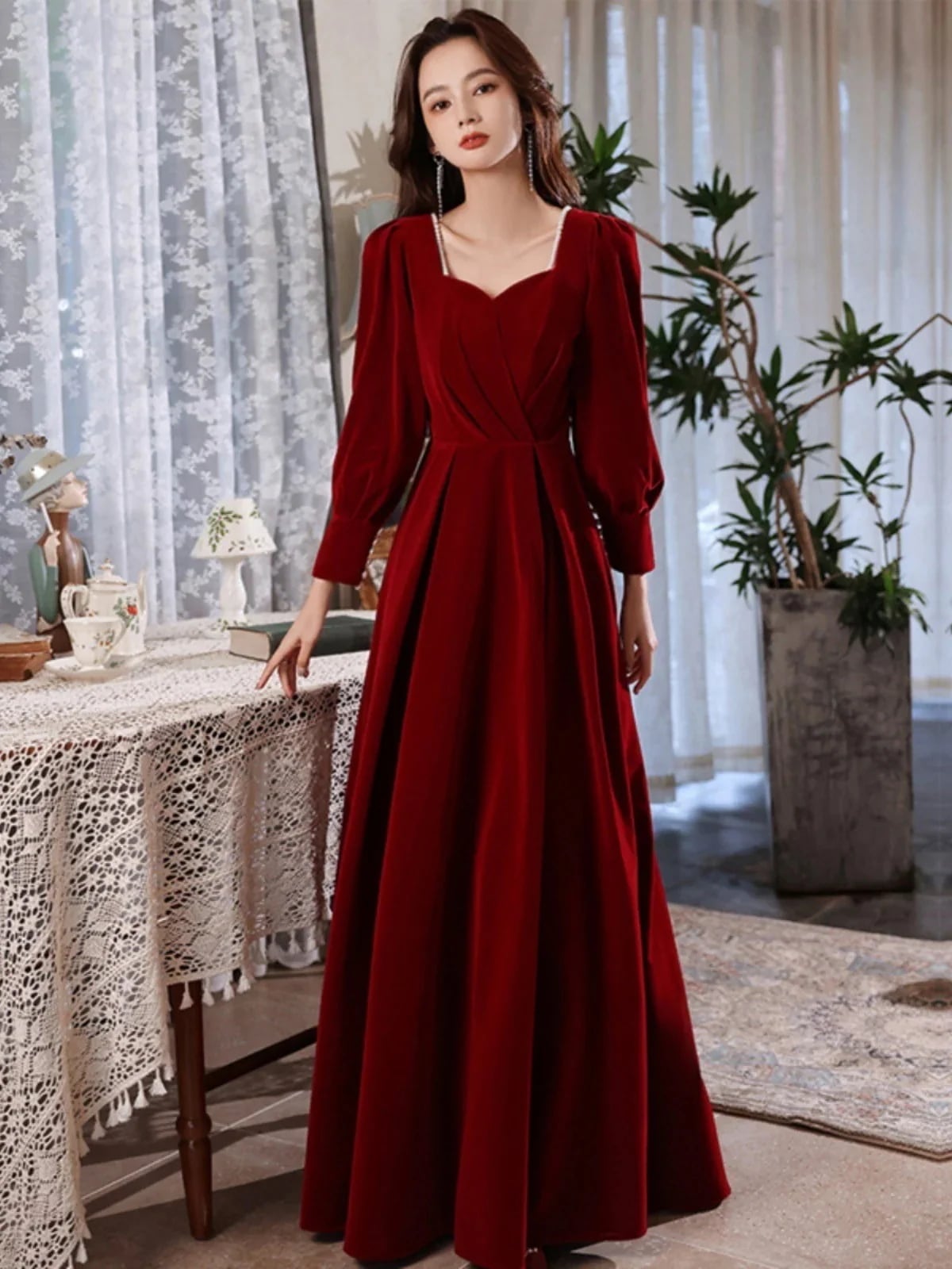 結婚式 ロング パーティー バーガンディ 花嫁 普段でも着用可能 ドレス リターンドレス 披露宴 パーティーカラー