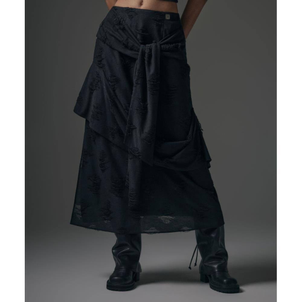 TREEMINGBIRD Strap Drape Damage Skirt Black TM249NSK00