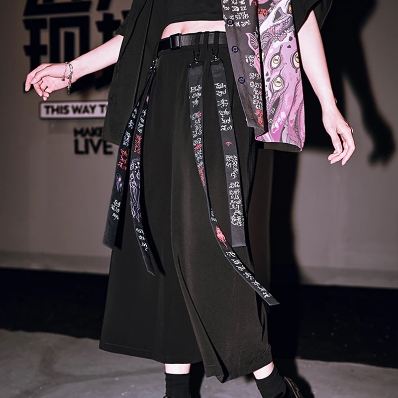 ワイドパンツ レディース 春夏 クロップドパンツ 黒 プリント 飄逸 ベルト付き 怪物CLUB