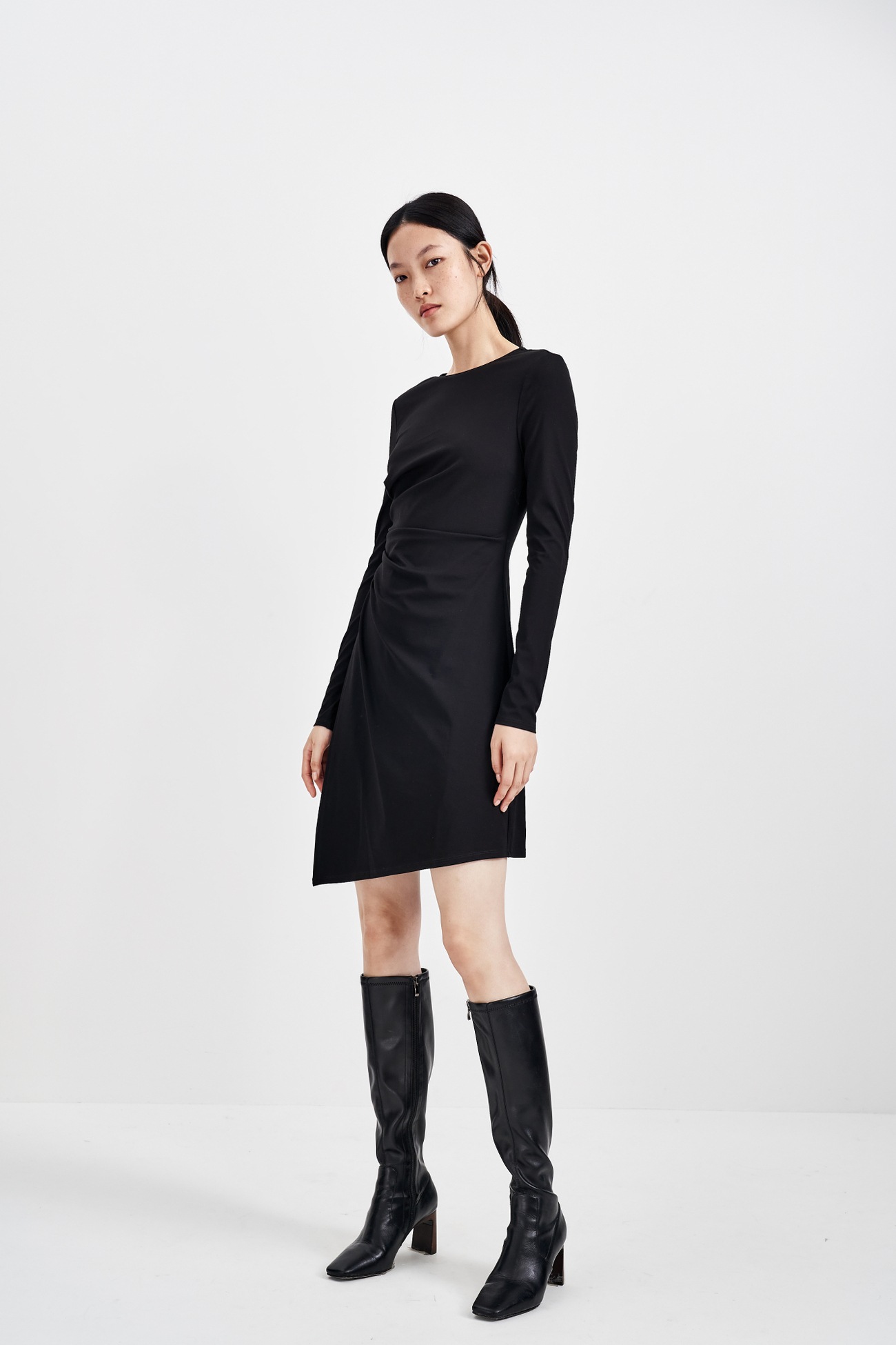 冬 女性 ファッション プリーツ スリット トレジャー ドレス ワンピース クール シック ブラック XS S M L XL ワンピース 膝上 袖あり 長袖 かわいい 大人可愛い きれいめ シンプル