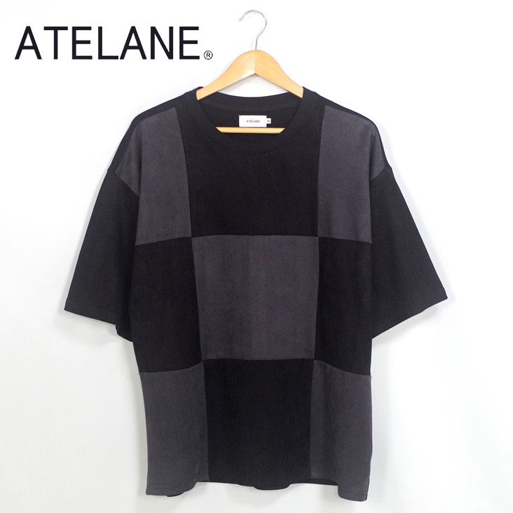 ATELANE アテレーン パネル切替 半袖Ｔ メンズ カジュアル 高級感 ストリート系 フェイクスウェード ビッグシルエット 切替Tシャツ 配色デザイン かっこいい 23A-14092
