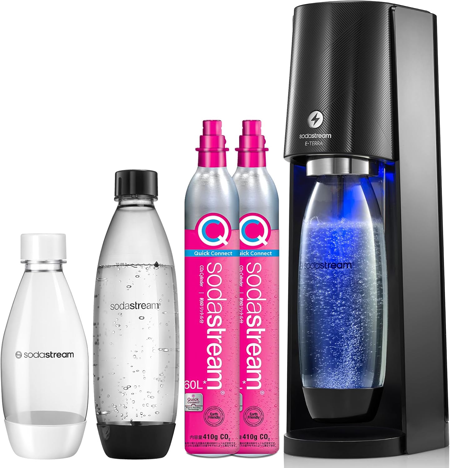 [公式] ソーダストリーム E-TERRA(E-テラ) 特別パッケージ ブラックマシン本体 60Lガス2本 ボトル3本 (0.5Lと1.0L) のセット 炭酸水メーカー 電動モデル 全操作