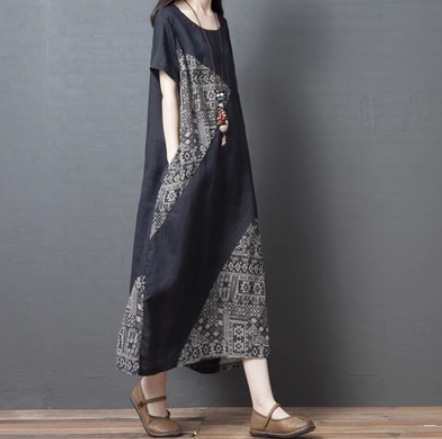 ワンピース 個性的 ゆったり 大きいサイズ ロング ロング丈 半袖 Uネック ラウンドネック Iライン 通気性 薄手 きれいめ シンプル カジュアル 上品 おしゃれ お洒落 レトロ アジアン