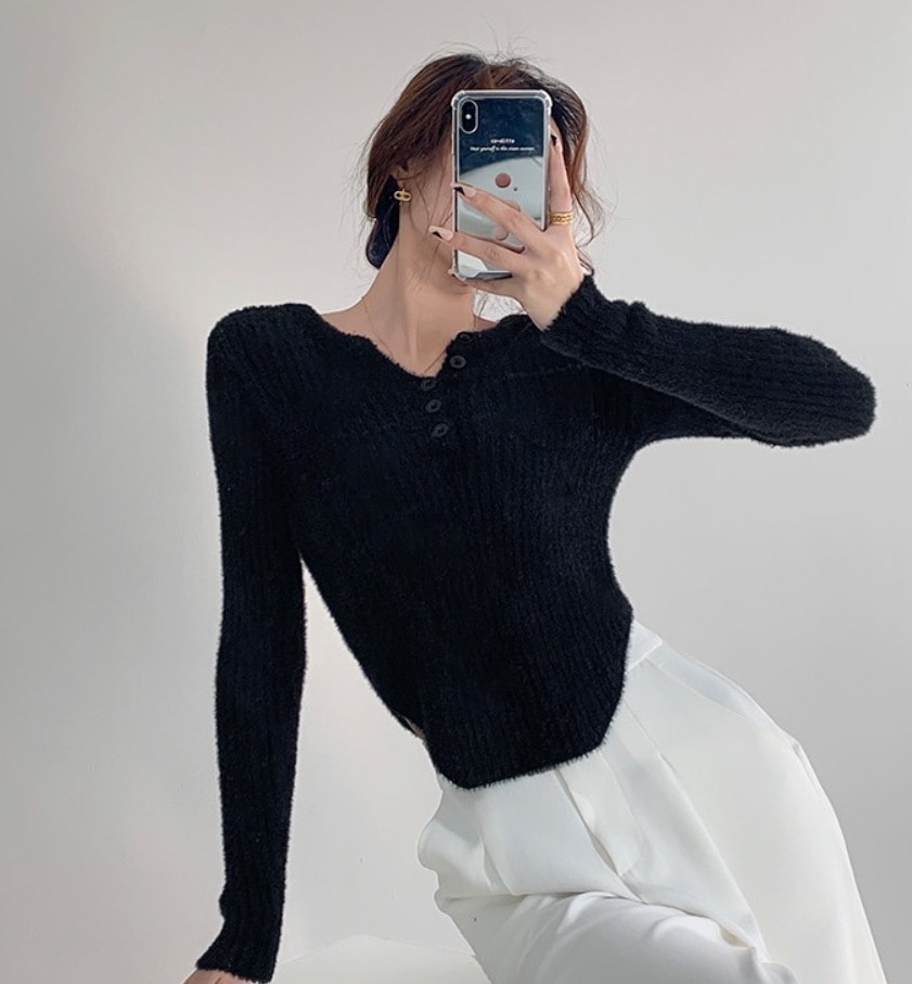 トップス デート モテアイテム ニットソー 長袖 ヘンリーネック モコモコ ふわふわ 可愛い きれいめ 上品 おしゃれ かっこいい 可愛い ラブリー キュート ガーリー クール モード系