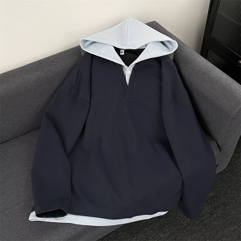 マウンテンパーカー メンズファッション 偽のツーピースvネックスウェットシャツメンズスプリングフード付きジャケットアメリカンtop