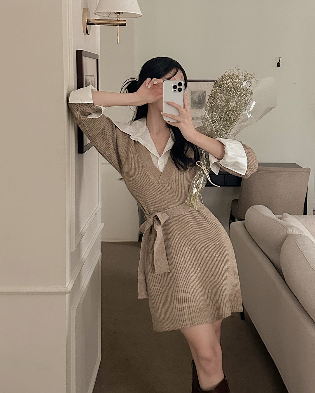 シャツレイヤードニットミニワンピース(ストラップ付き)韓国ファッション レディース