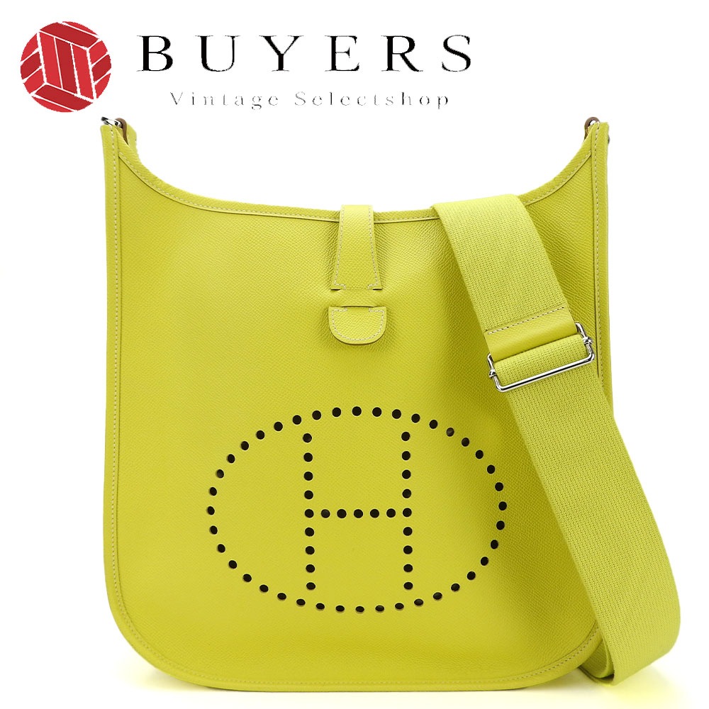 中古 エルメス ショルダーバッグ 斜め掛け エヴリン3GM JO刻印 エプソン 蛍光イエロー ライム レザー 革 レディース 女性 シルバー金具 HERMES Evelyne Shoulder