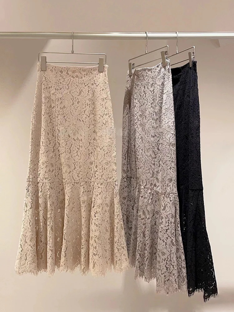 ハーフスカート レディースウェア 甘美 優雅 ハイウエスト スリム効果 レース 透かし模様 フィッシュテール ヒップライン強調 ハーフスリーブ ロングスカート 女性用
