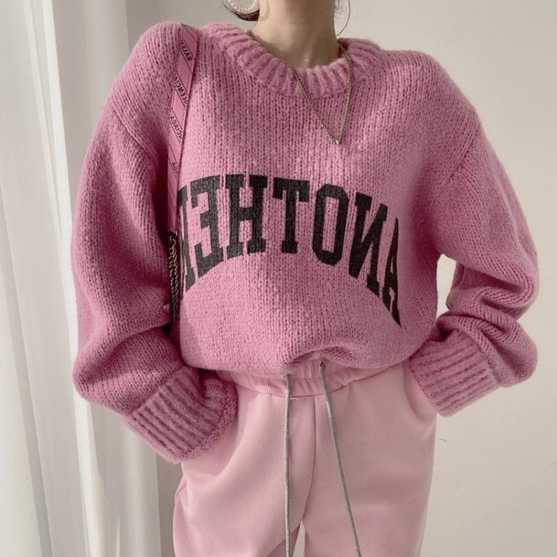 5color ニット セーター 厚手 ロゴ 防寒 リバーシブル キャンディーカラー ラウンドネック