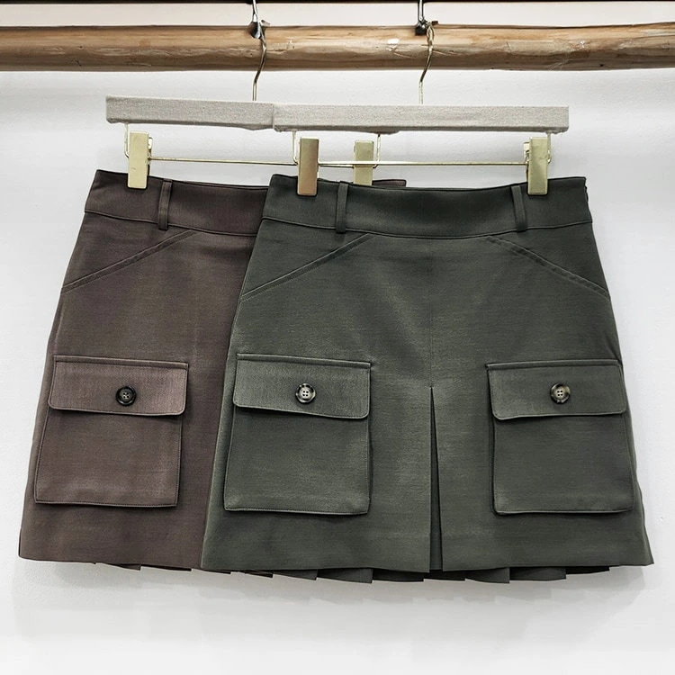 ゴルフウェア スカート レディース 韓国 プリーツ カーゴスカート 切り替え ポケット カーゴ 春 秋 カーキ ブラウン 茶 Ａライン ショート丈
