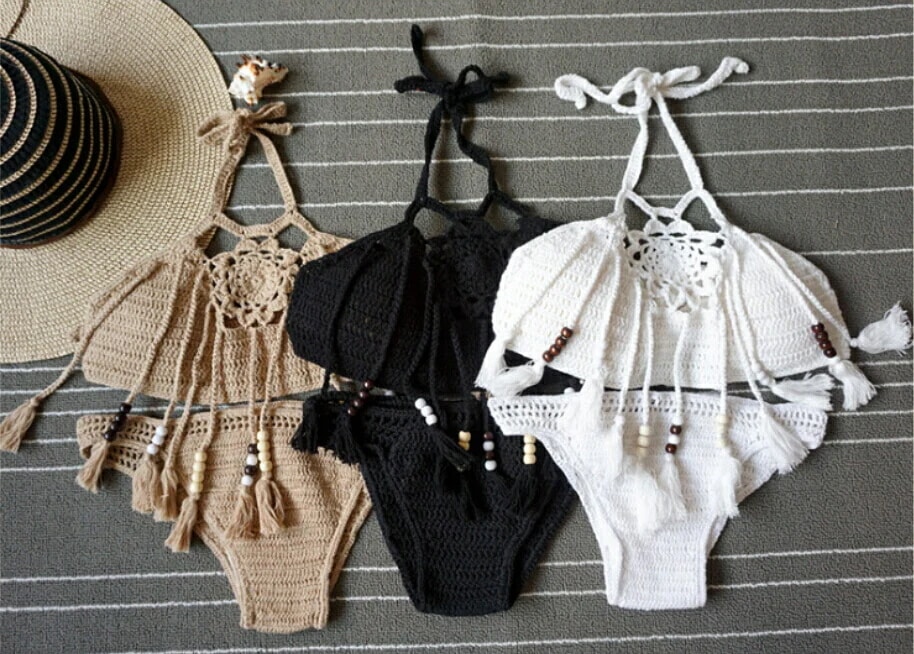 セクシービキニ 数珠 タッセル オシャレ ニット 水着 ブラジリアン かき編み 手編み レディース水着 ビキニ 海 旅行 新婚旅行 温泉 海外 リゾット セレブ