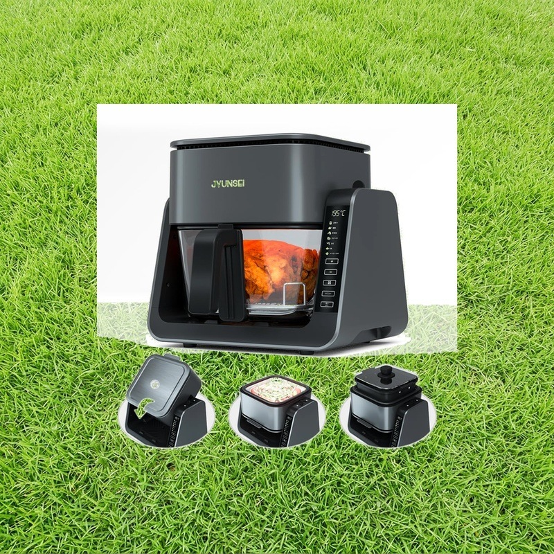 JYUNSEI ノンフライヤー 2in1 エアフライヤー&グリルパン 4L+1.5L 大容量 家庭用 最高温230℃ ノンオイル 唐揚げ/焼き魚対応 1~5人 デジタルタッチパネル 可視窓 温度調整