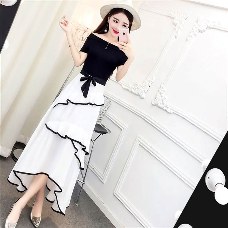 キャバ ドレス ロング ミモレ丈 フレア オフショル カジュアル ワンピース ドレス レディース 黒 白 個性的 春 夏 オフショルダー 半袖 ホワイト ブラック ウエストマーク フリル リボン セク