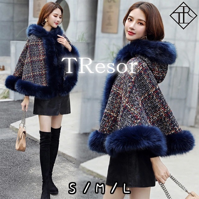 【2枚購入で100円OFF】【即納】ファーコート アウター レディース ポンチョ フェイクファー アウター エコファー ゴージャス フード 中綿 ファー付き ボリュームコート 毛皮コート フォックス