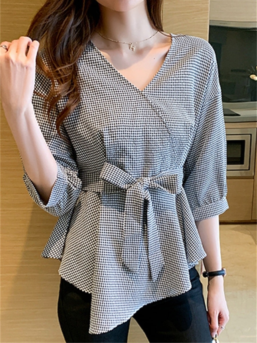 カットソー レディース ５分袖 Vネック ウエストマーク リボン アシンメトリー かわいい 大人可愛い きれいめ 上品 カジュアル ギンガム チェック ママ 学生 デート お出かけ ブラック トップス