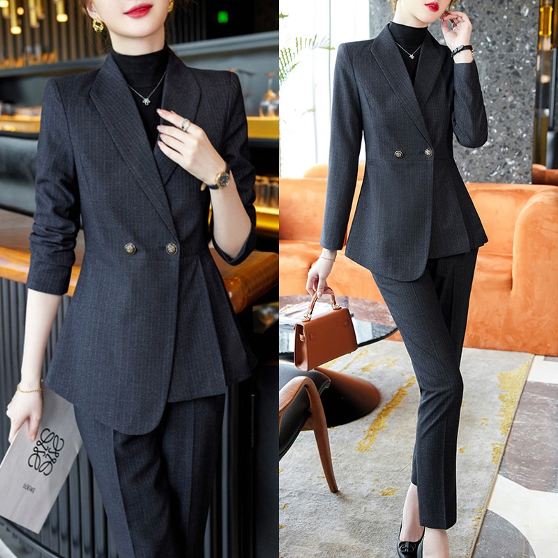 ストライプ スーツ セットアップ レディース テーラードジャケット ストレートパンツ スラックス スリム フォーマル ダブルボタン おしゃれ かっこいい フォーマル かっちり オールシーズン オフィス