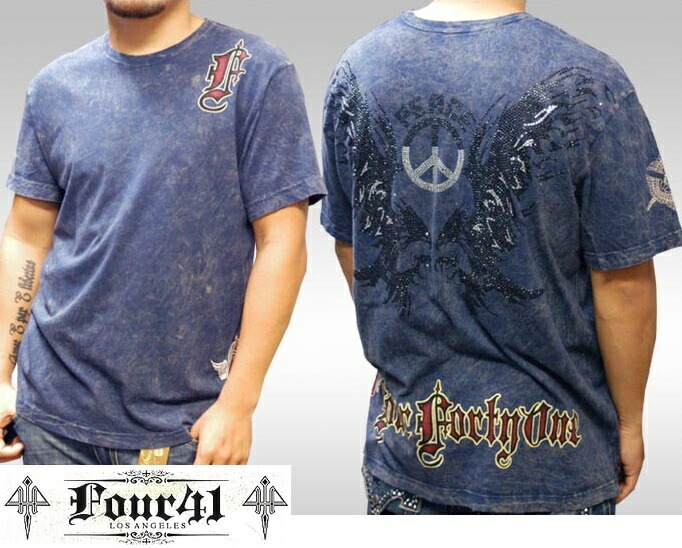 Four41 Los Angeles フォーフォーティーワン メンズ ラインストーン Tシャツ ピースイーグル ネイビー M-13 スワロフスキー インポート セレブ ブランド ストリート LAセレブ