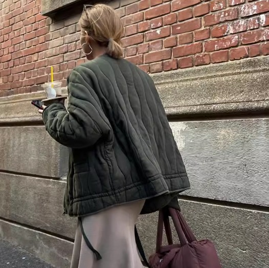 レディース トップス アウター キルティングコート 長袖 ラウンドネック ストリート ファスナー 前開き 綿 コットン 大人可愛い シンプル カジュアル おしゃれ かっこいい こなれ感 ラフ