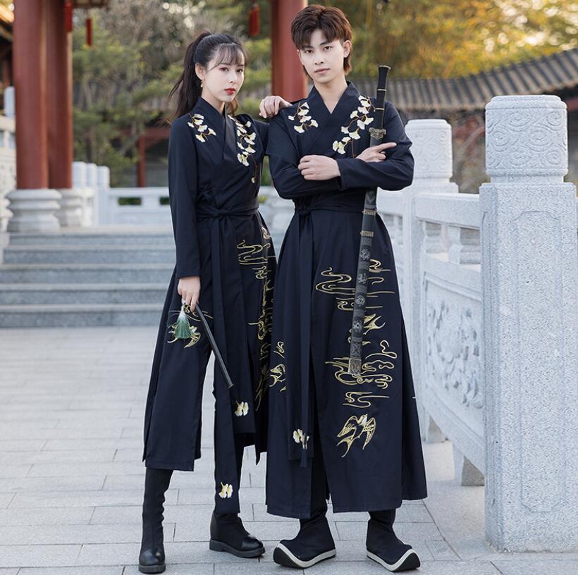 カップル漢服唐装　パンツセット　レディース中華伝統的漢服ロング丈シャツ　春夏　花柄刺繍　メンズ中華古風コスプレ衣装　コスプレ漢服　チャイナ舞台ステージ服　ハロウィン　クリスマス仮装変装イベント学園祭