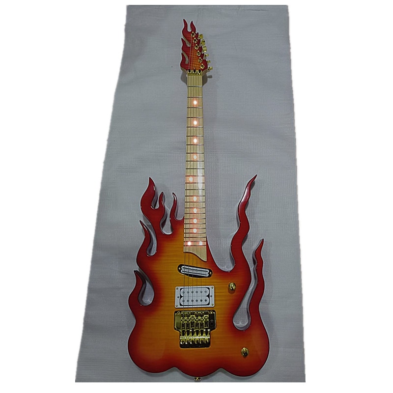 火炎形6弦双揺動エレキギター桃花心木体楓木指板赤色LEDランプ付き BJ715