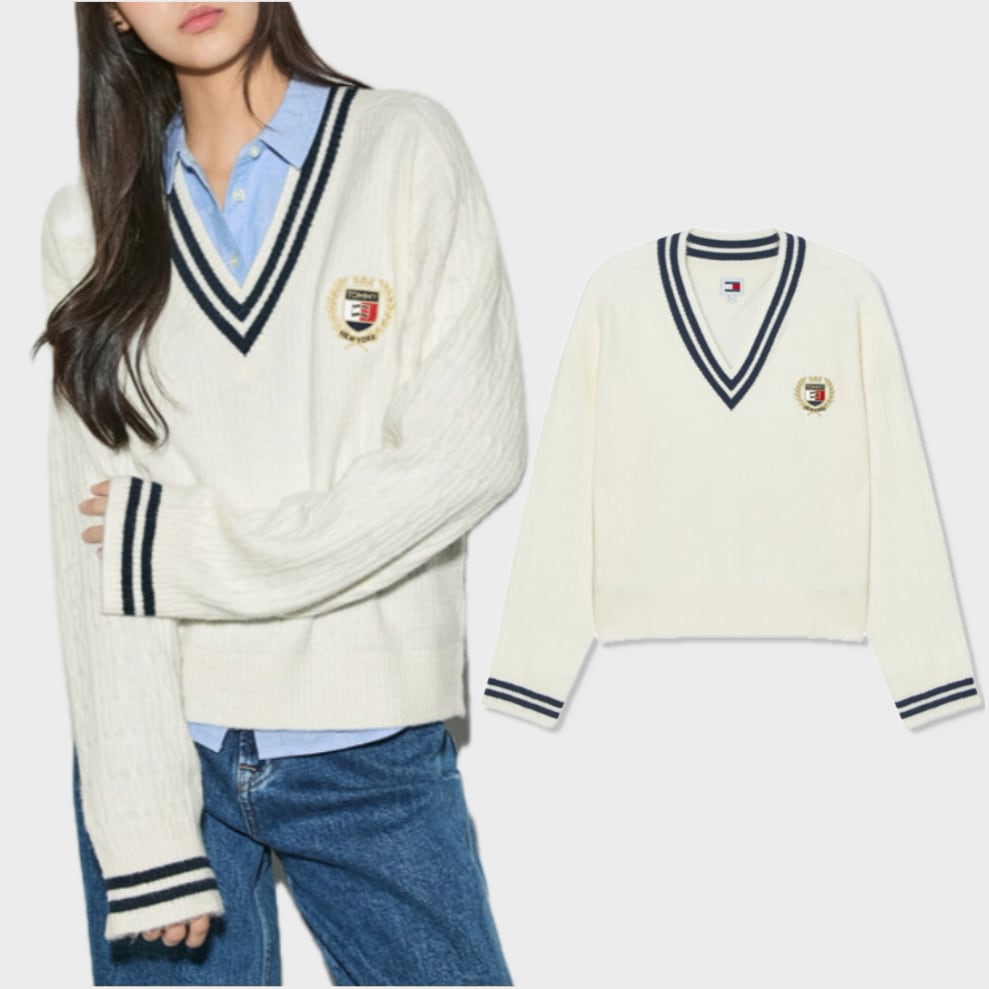 V-neck crest cable sweater