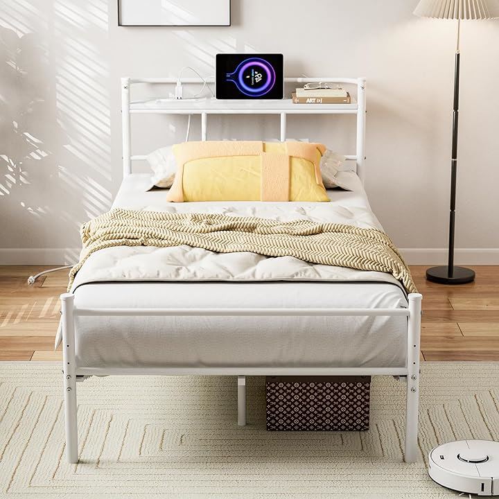 ベッドフレーム パイプベッド 2口コンセント＆USB充電付き セミダブルベッド スチールベッド 収納付きベッド 宮棚付き すのこベッド 2段階 高さ調整 頑丈(ホワイト, シングル)