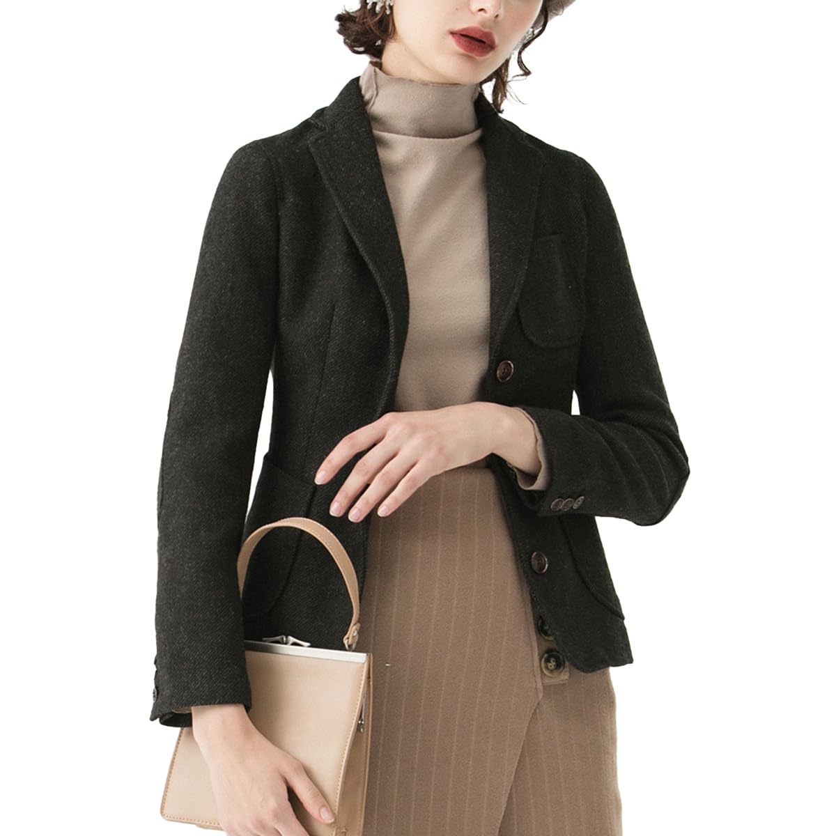 テーラードジャケット レディース ウール混 ツイードジャケット スリム ヘリンボーン エルボーパッチ カジュアル オフィス 通勤 春秋冬 アウター ヴィンテージ風