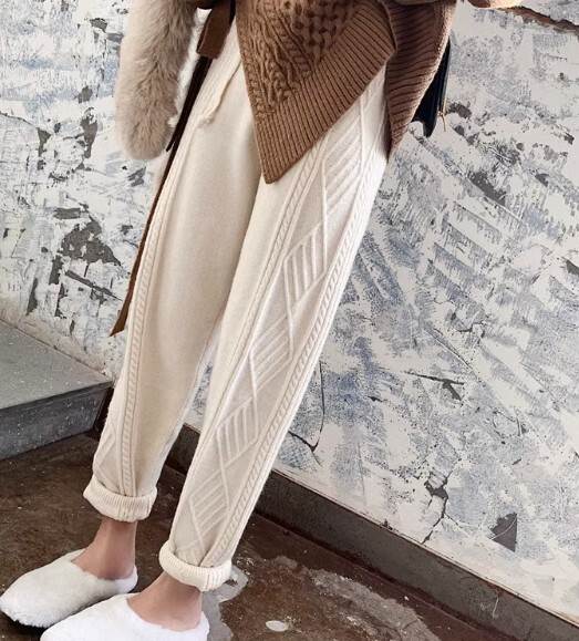 ウールパンツ レディース ハイウエスト ニットパンツ 秋冬 パンツ ルーズ ハーレムパンツ トレンディ ボトムス ケーブルニット 大きいサイズ 9分丈 かわいい きれいめ シンプル カジュアル 上品