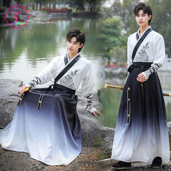 【急速出荷!】漢服唐装 風 伝統衣装 2点セット トップス スカート 交差襟 グラデーション 刺繍 漢服 コスプレ 中華古風 武侠 仮装 変装 イベント コスプレ衣装 メンズ レ