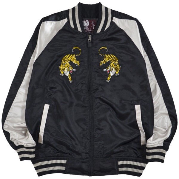 スカジャン サテン メンズ トラ 虎 和柄 長袖 刺繍 アウター M L LL z1823-536