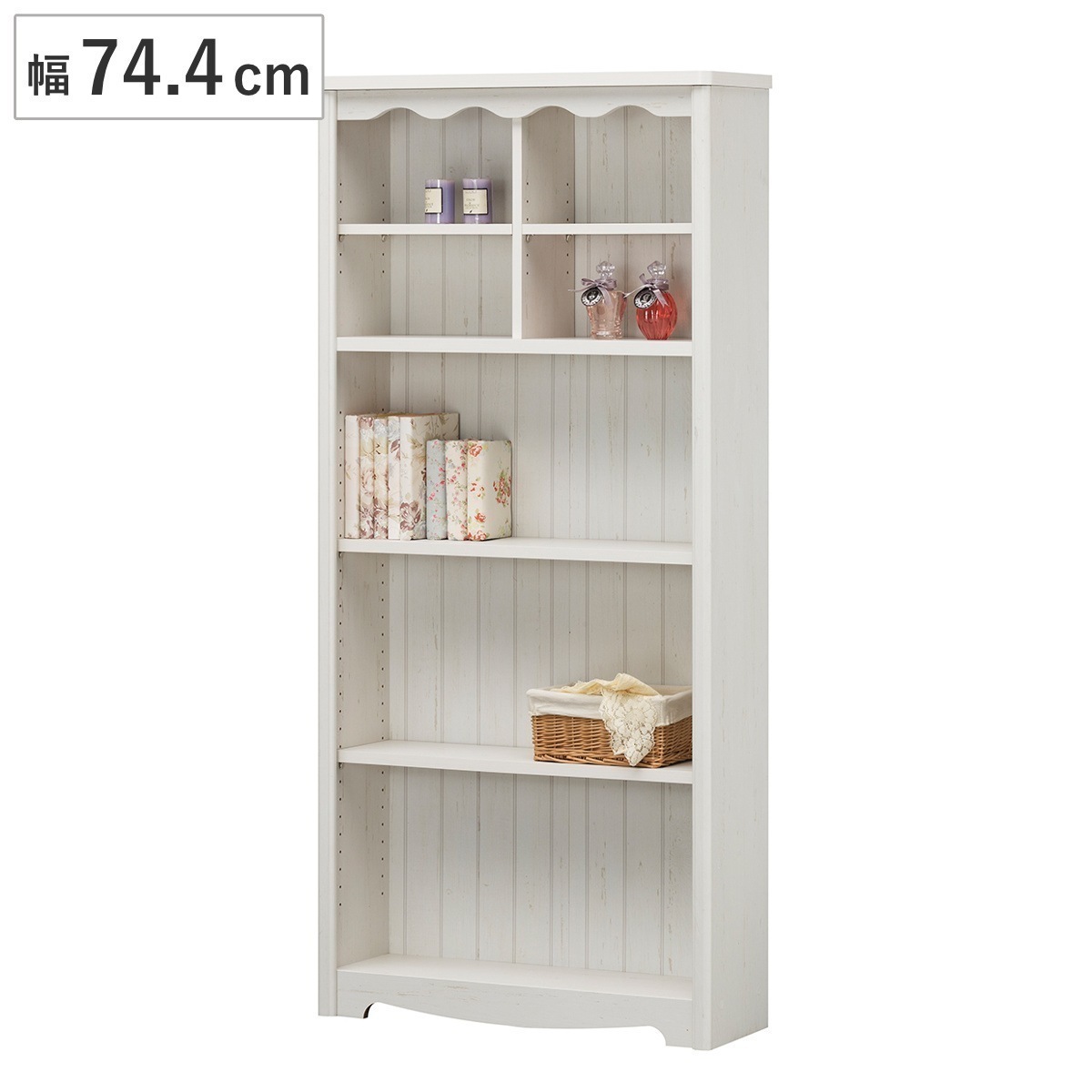 オープンラック 幅74.4cm 5段 モンシェリーヌ 白家具 木製 本棚 ディスプレイ ラック 棚 収納 シャビー調 多目的ラック シェルフ 家具 フレンチカントリー 書棚