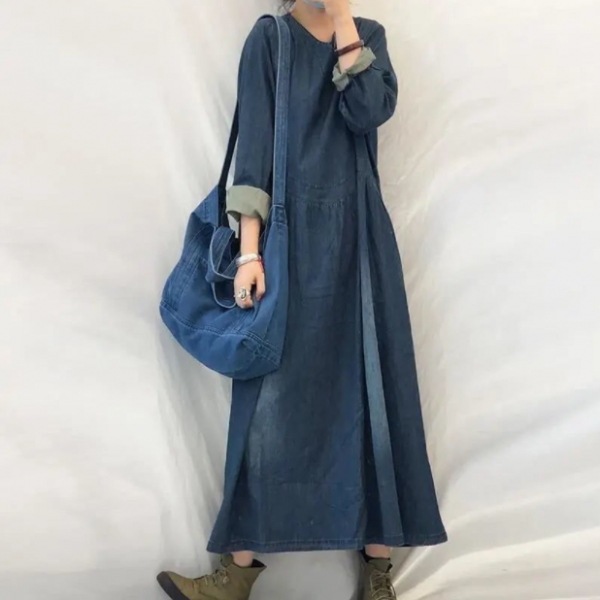 【絶対欲しい 】 無地 ファッション デニム ロング カジュアルワンピース