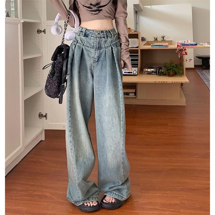 デニムワイドパンツ レディース デニム ワイド パンツ タックパンツ ロング丈 ジーンズ デニムパンツ ボトムス ハイウエスト リラックス ジーパン バギーパンツ