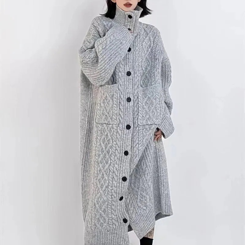 【3日出荷】ハイネックに厚手の麻のセーターコート女秋冬純色ニーハイニットカーディガンロング丈トップスコートレディースアウターモヘアニット ノルディックニット