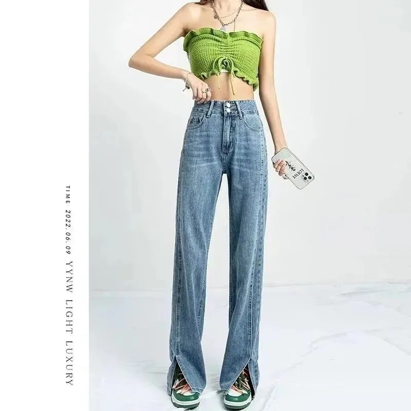 ジーンズ女性用ウワイドレッグジーンズウ痩身ストレートレッグ2024秋新しいルーズスドレープフモップパンツ