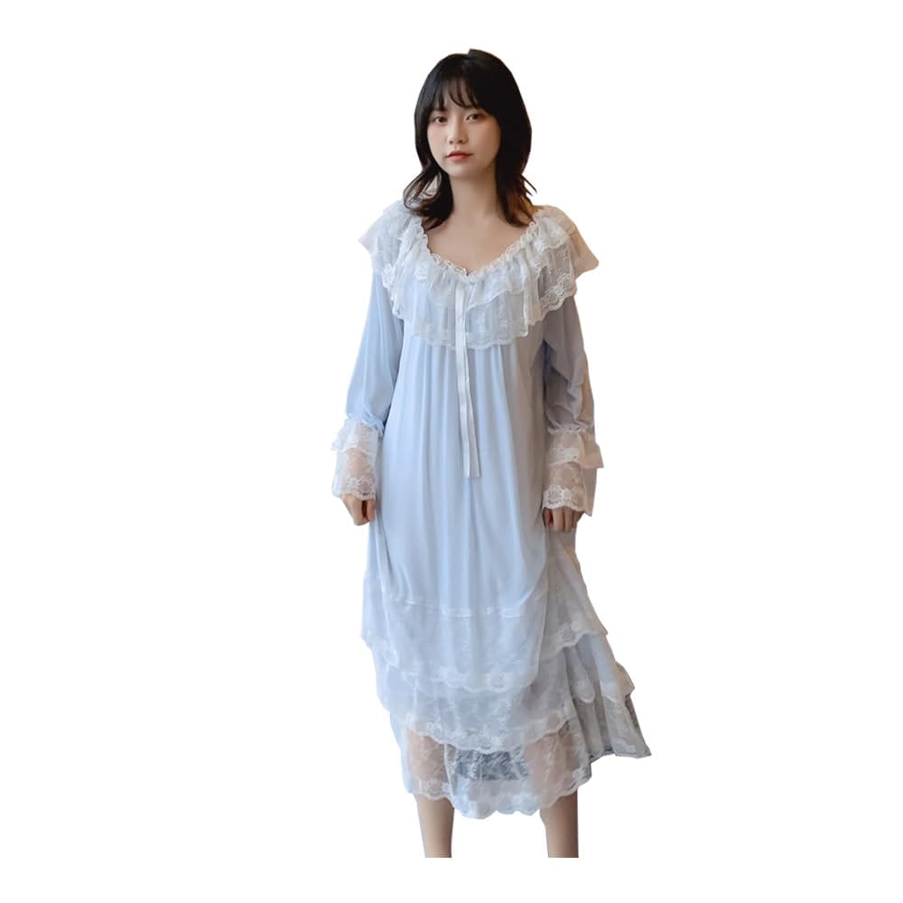 [SweetPOP] 『お嬢様風ドレスネグリジェ』 女子学生のためのプリンセスパジャマ 寝巻 胸パット付き 秋～春 大きいサイズ 男の娘 女装 sissy (TypeD＿ブルー, L)