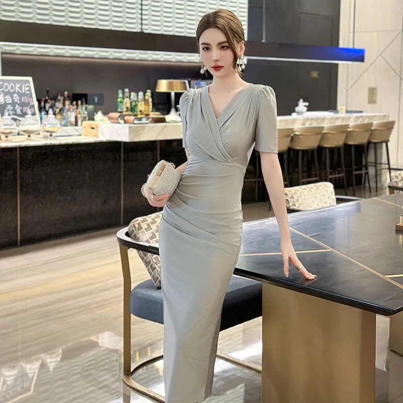 同窓会 着痩せ ワンピース ロングスカート上品 タイト パーティー vネック 大人 演奏会 二次会 メガ割 スリム ドレス 卒業式 キャバ 披露宴 25 結婚式 ウェディング