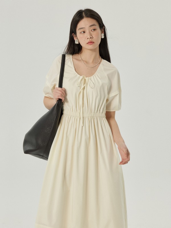 オモントエッグタルト気質Uネックワンピース春新作ウエストスリムデザインミドル丈スカート