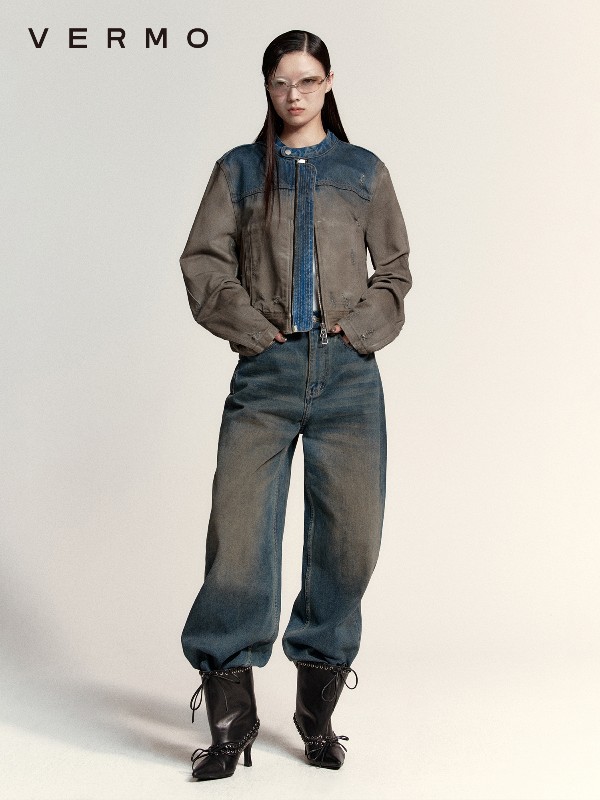 VERMO「Traces of Time」ユニセックス マッドダイ レトロ ダメージ加工 デニムジャケット モーターサイクルジャケット