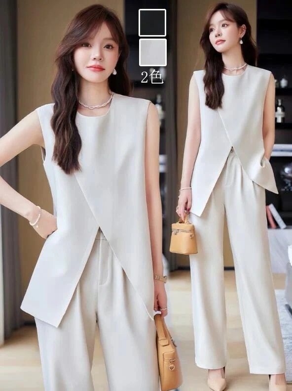 カジュアル 通勤 OL ビジネススーツ 2点セット 「ロングベスト+ガウチョパンツ」 ズボンスーツ エレガント 結婚式レディースドレス 宴会 フォーマル 制服 着痩せ 20代30代40代 発表会 二次