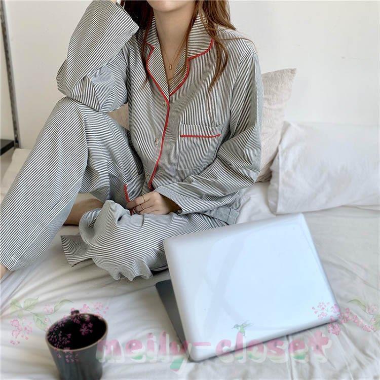 团购8件套パジャマ 上下セット レディース 前開き 綿 ストライプ柄 パジャマ 春夏 ネグリジェ 長袖 韓国風 可愛い パジャマ 寝巻き ルームウェア 部屋着 卒業式