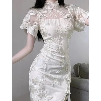 韓国ファッションッロリータドレス 2025 新作 可愛い レディース 新中式 チャイナドレス 半袖 ワンピース脚魅せミニスカート