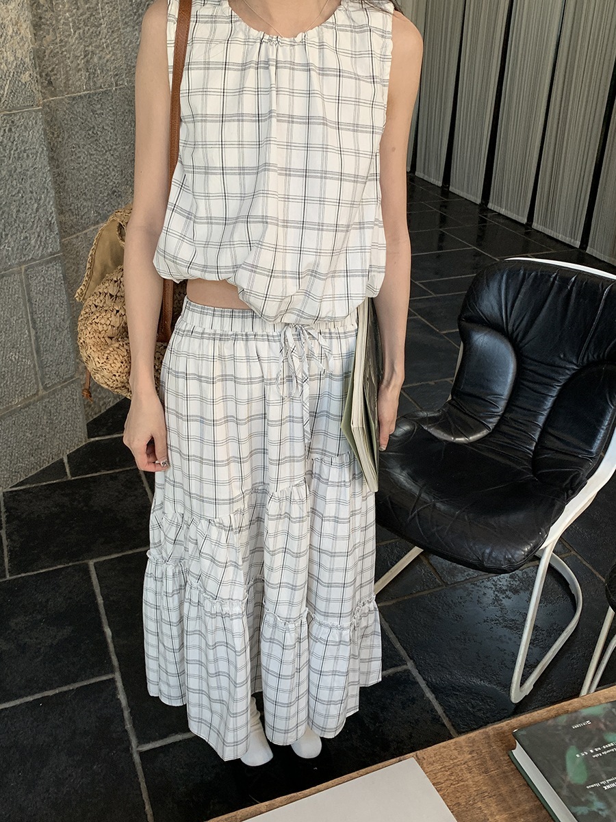 和風軽やかな大人風レトロなノースリーブチェック柄tシャツ+ハイウエストaラインスカートスーツ レディース 2024