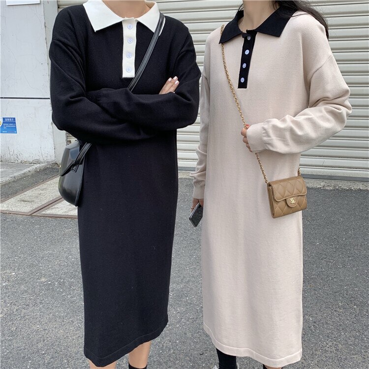 2色 レトロ風 ワンピース 長袖 春 秋 冬 きれいめ カジュアル かわいい フォーマル シャツワンピース ワンピドレス 膝丈 ひざ丈 膝下 ミディアム丈 ミドル丈 萌袖 襟付き POLO襟 スリム