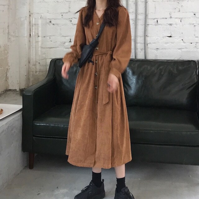 【送料無料】レディース コーデュロイ ロング ワンピース 長袖 Aライン Vネック